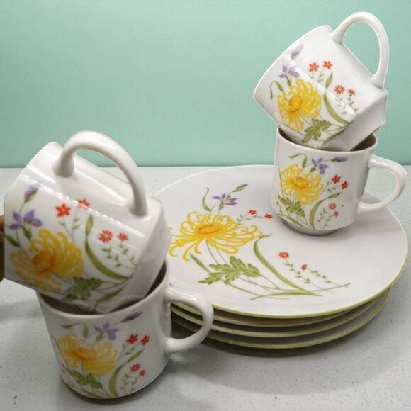 VTG Japan Snack Plate & Cup Set of 4 Yellow Chrysanthemum Floral MCM - Picture 2 of 8